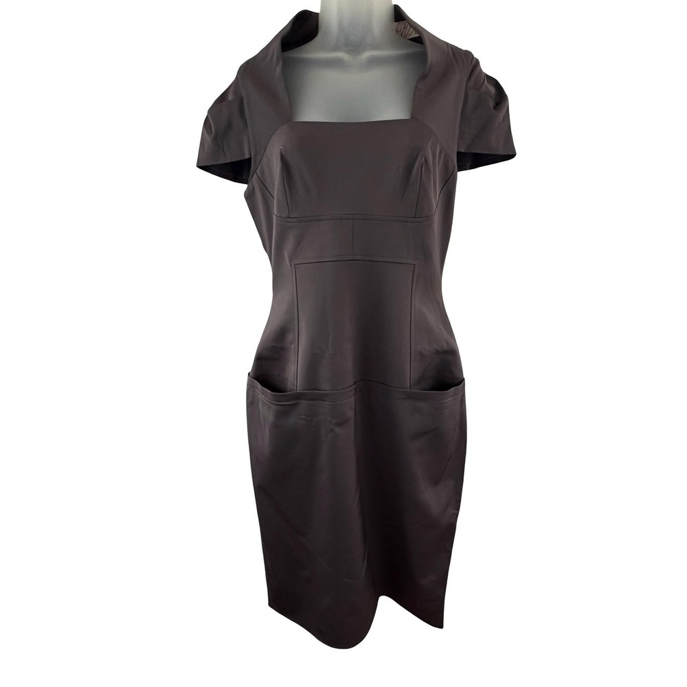 Lela Rose Dress Womens 8 Gray Square Neck Short Sleeve Sheath Pockets Career